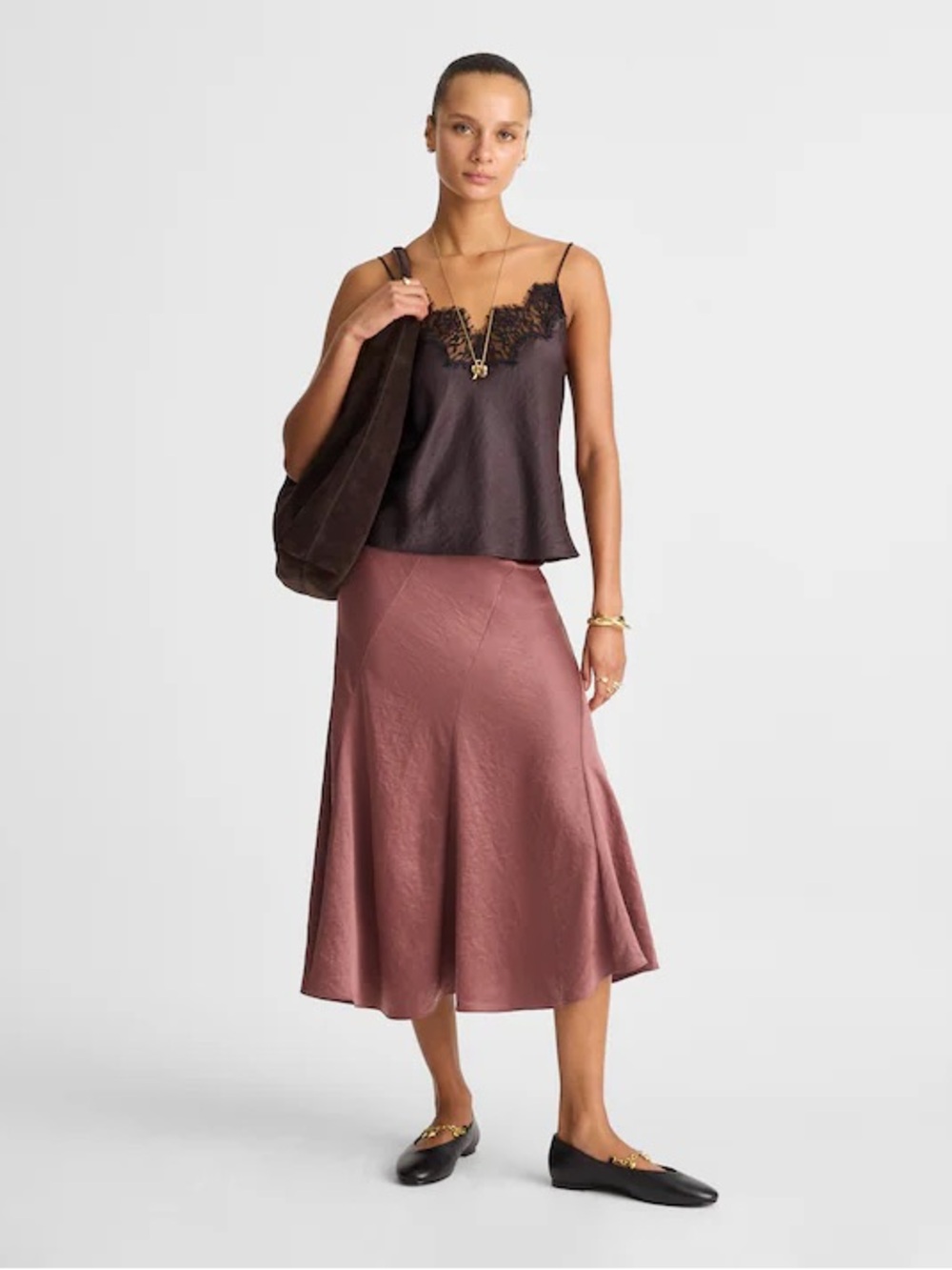 Madewell Satin Midi Skirt in Burnt Soil.